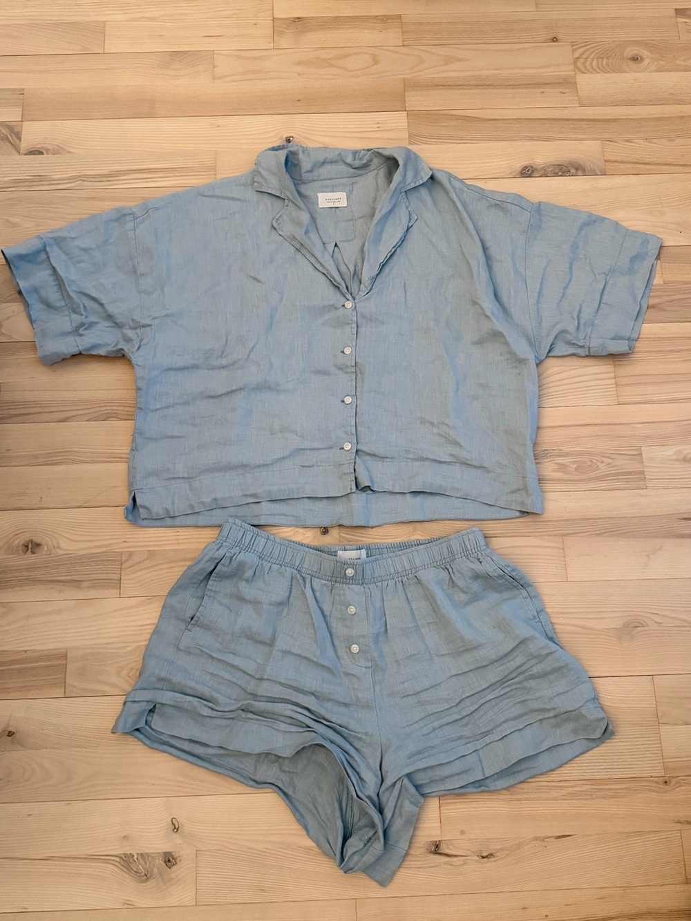 Nude Lacy Light Blue Linen Short Set - Button Front Top & Elastic Waist Shorts